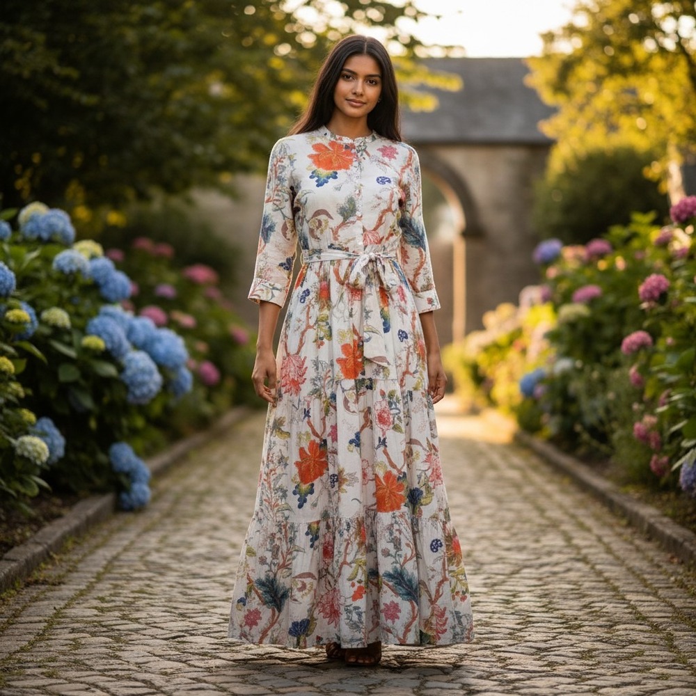 KALKI Floral Button Down Tiered Maxi Dress Size L